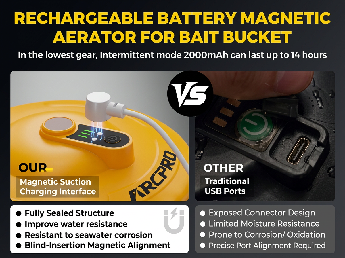 Rechargeable battery magnetic aerator for bait bucket